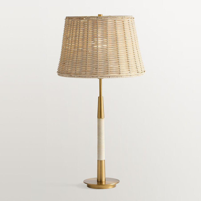 Reese Rattan 18" Table Lamp, Tumbled Brass, Woven Shade