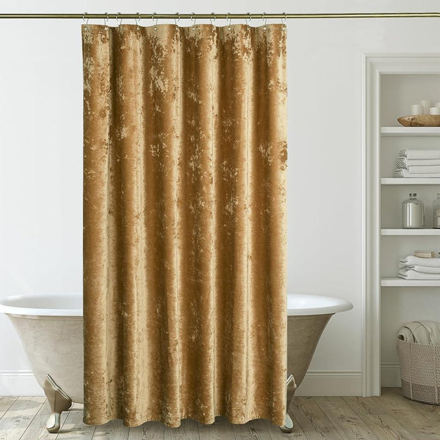 TAMGHO Gold Shower Curtain for Bathroom, Luxury Golden Crushed Velvet, Mustard Yellow Shower Curtain with Gold Decro Metal Hooks, Machine Washable Thick Fabric, 72 x 72 inches
