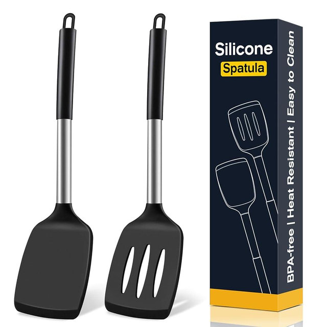 2 Pack Silicone Spatula Set, Solid & Slotted Turner for Non-Stick Pans, High Heat Resistant Silicone Spatula for Cooking, BPA-Free Stainless Steel Cooking Utensils for Fish, Eggs, Pancakes, Black