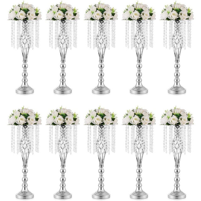 Inweder Sliver Vases Centerpieces for Table: 21.7" Tall Flower Stand with Crystal Patent for Wedding Center Piece Party Event Set of 10