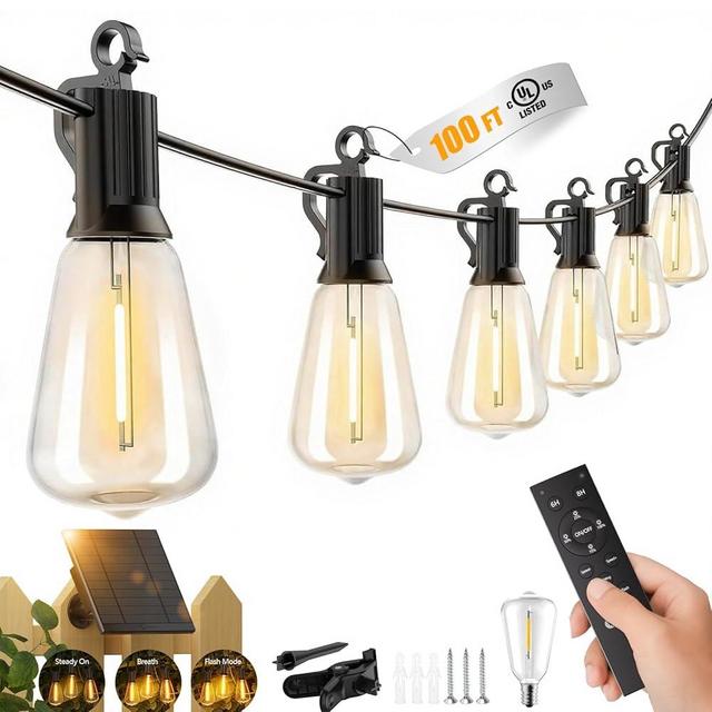 Brightown 100FT Solar String Lights Outdoor Waterproof with Remote, 31+1 LED Shatterproof Bulbs, Dimmable & Timable, 3 Light Modes - Commercial Grade Patio Lights for Garden Backyard Party Decor