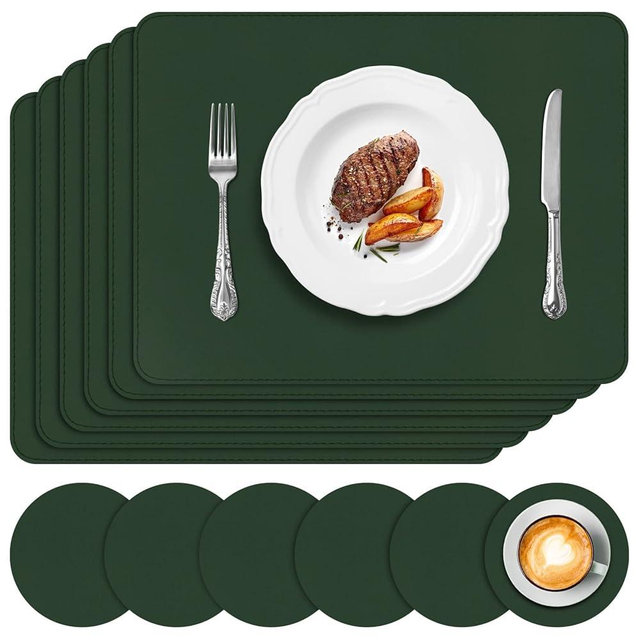 APLKER Vinyl Placemats Set of 6, Green Waterproof Faux Leather Heat Resistant Kitchen Place Mats, Wipeable Dining Table Place Mats and Coasters for Kitchen, Dining, Decor, Outdoor (Deep Green)