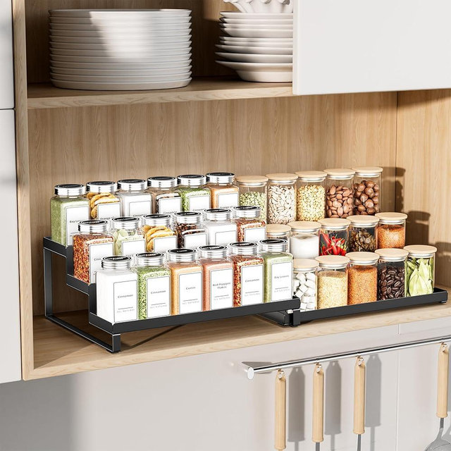 BOIVSHI Spice Rack Organizer for Cabinet, 3 Tiered Spice Rack, Expandable Spice Organizer, Seasoning Organizer for Kitchen Cabinet, Cupboard, Countertop, Pantry, Metal, Black