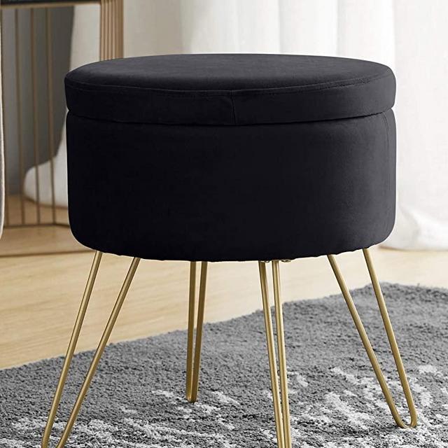 Ornavo Home Modern Round Velvet Storage Ottoman Foot Rest Stool/Seat with Gold Metal Legs & Tray Top Coffee Table - Black