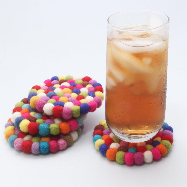 Colorful Felt Wool Coasters Set of 4 – Handmade Absorbent Drink Coasters | Eco Friendly Home Decor Gift | Wool Ball Coaster Set