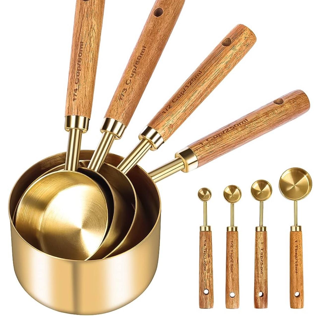 GuDoQi Gold Measuring Cups and Spoons Set of 8, Wood Handle with Metric and US Measurements, Premium Stainless Steel, Golden Polished Finish, Dry & Liquid Measuring Cup for Cooking and Baking