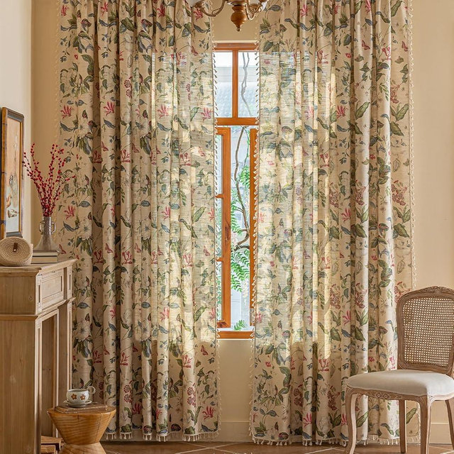 ENJOYBRIDAL Floral Curtains 96 Inches Long Living Room Boho Drapes Bedroom 2 Panels Semi Sheer Vintage Window Curtain Panels Rod Pocket Tassel Farmhouse Nursery Window Treatments