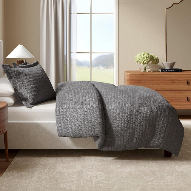 Great Bay Home 100% Natural Cotton Duvet Cover Set, King/California King Size - Waffle Weave Grey Duvet Cover with Button Closure & 2 Pillow Shams - Boho Bedroom Decor