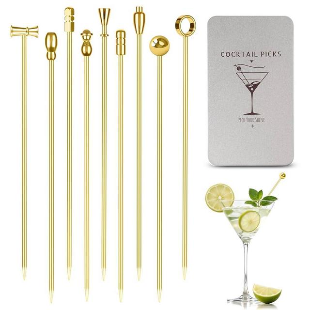 Metal Cocktail Martini Picks Gold, 4.1 in Olive Skewers Stainless Steel, Martini Garnish Sticks Reusable, Metal Toothpicks for Drinks, Appetizers, Cheese, Bar Accessories Cocktail Supplies - 9 Pcs