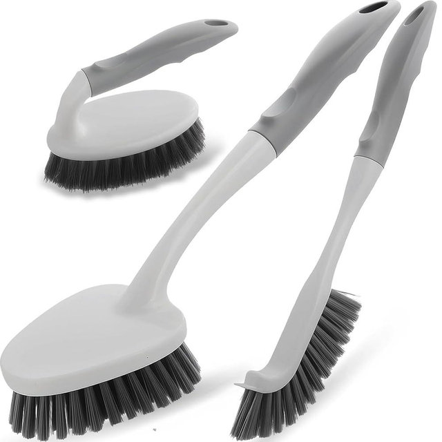 3 Pack Heavy Duty Scrub Brush Set for Household Use, Long Scrub Brush, Handheld Scrub Brush, and Crevice Brush with a Scraper Head for Cleaning Bathroom, Tile, Grout, Tub, Floor, Sink