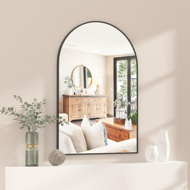 Poseerkey Arched Wall Mounted Mirror, 20 x 30 Inch Black Arch Mirror, Vanity Mirror for Wall Décor,Metal Frame Black Bathroom Mirror, for Bedroom, Living Room, Entryway,Salon