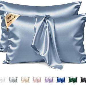 Silk Pillow Cases 2 Pack King Size Mulberry Silk Pillowcase Set of 2 for Hair & Skin 36 x 20 Inches 22 Momme Both Sided Grade 6A Silk Soft Breathable Cooling with Hidden Zipper, Grey Blue