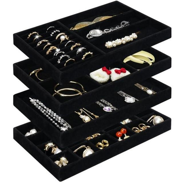 Cirhy 4 Stackable Jewelry Trays Organizer Set for Drawer, Jewelry Organizers and Display Case Storage, Velvet Drawer Inserts Organizer for Necklace Bracelets Earrings Organizer, Gift For Her, Black