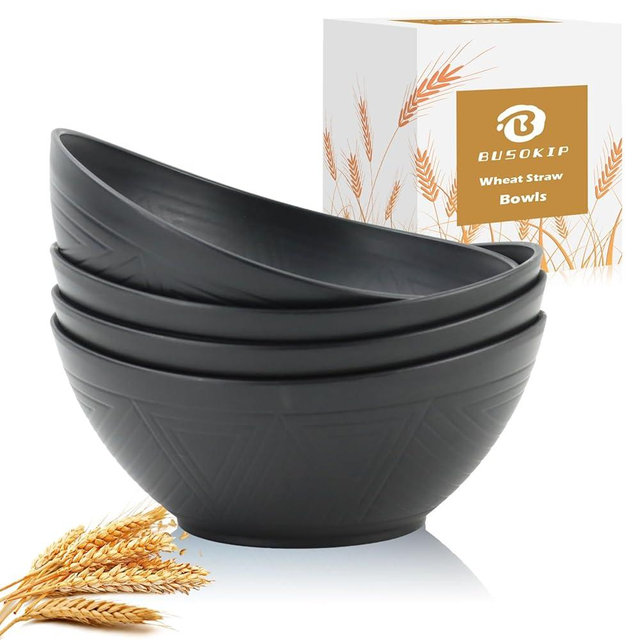 BUSOKIP 65 OZ Large Salad Bowls, Unbreakable Wheat Straw Bowls Set 4 PCS, Large Plastic Bowl Reusable, Microwave & Dishwasher Safe Kitchen Bowl for Salad, Cereal, Soup and Popcorn (Black)