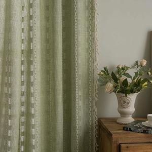 Boho Curtains 84 inch Length Vintage Cotton Linen Curtain Panels for Living Room Rod Pocket Light Filtering Farmhouse Striped Embroidery Window Drapes for Home Decor 1 Panel W55 X L84 inch