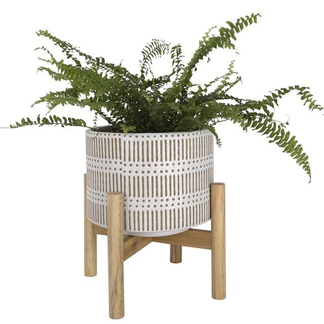 Ceramic Plant Pot with Wood Stand - 7.3 Inch Modern Round Decorative Flower Pot Indoor with Wood Planter Holder, Beige and White