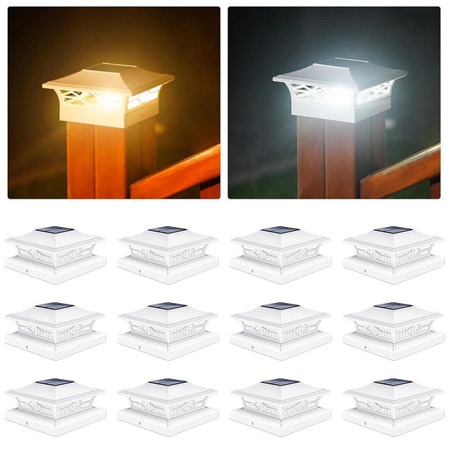 VOLISUN Solar Post Cap Lights: 12 - Pack Outdoor Deck Post Cap Lights White for Dock Fence Waterproof 2 Color Modes,4x4/6x6 Wooden/Vinyl Posts