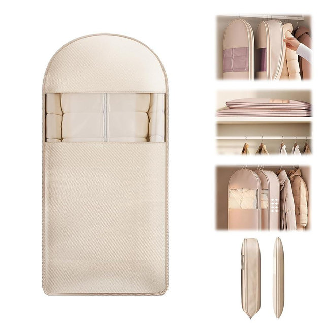Space Saving Hanging Garment Bag with Self Compression Zipper,Space Saver Closet Organizers,Protects Clothes from Wrinkles,Dust Cover Clothes Bags for Down Coat (Beige)