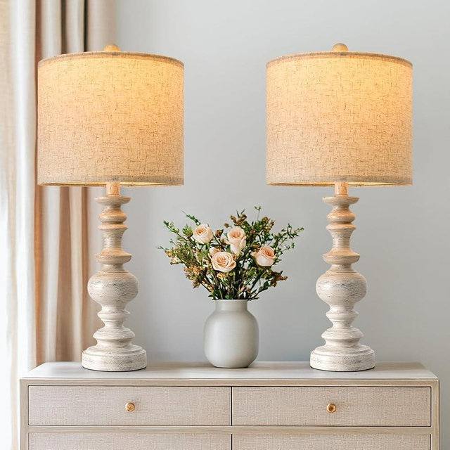 BOBOMOMO 24” Farmhouse Resin Table Lamp Set of 2, Vintage Lamps for Living Room Bedroom with Linen Shades, Traditional Rustic Bedside Lamps Retro Table Lamps for Living Room, Bedroom, Office
