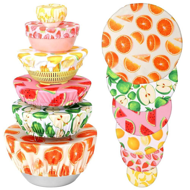 15 Pieces Reusable Bowl Covers in 6 Size, Sublaga Stretch Cloth Fabric Dish Cover Kitchen Storage Containers Lids for Fruits Food Leftover Dough Bread Proofing (Fruit Style)