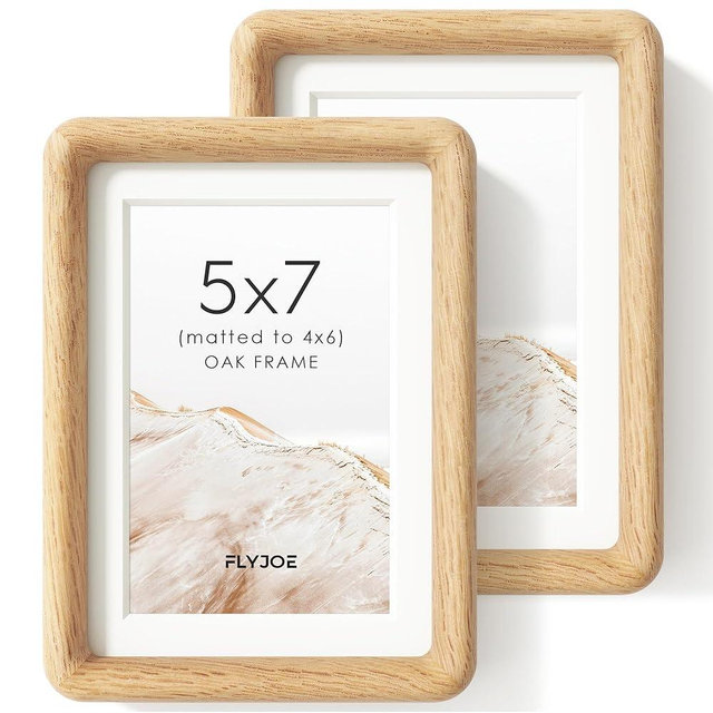 FLYJOE 5x7 Picture Frame Set of 2, Natural Solid Oak Wood Photo Frame with Tempered Glass, Handcrafted Rounded Corner 5 x 7 Wooden Frame Matted to 4x6 Photo, Wall or Tabletop Display