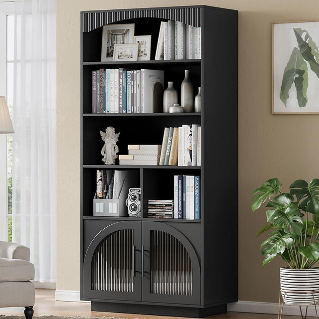 70" Bookshelf and Bookcase, Black Tall Bookcase with Glass Door, 5 Tier Mid-Century Book Shelves w/ Deep Storage Cabinet and Adjustable Shelves, Wood Standing Tall Book Shelf for Home Office Kitchen