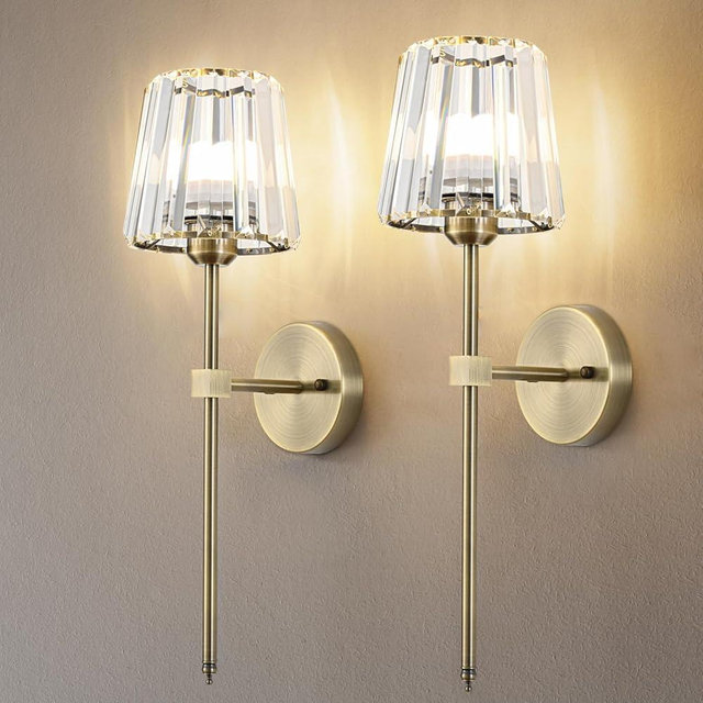 L.JUJAM Crystal Battery Operated Wall Sconces Set of 2, Brass Rechargeable Wireless Wall Lights with Crystal Lampshade, 12 RGB and 3CCT Dimmable Wall Lamp with Remote for Bedroom Living Room Hallway