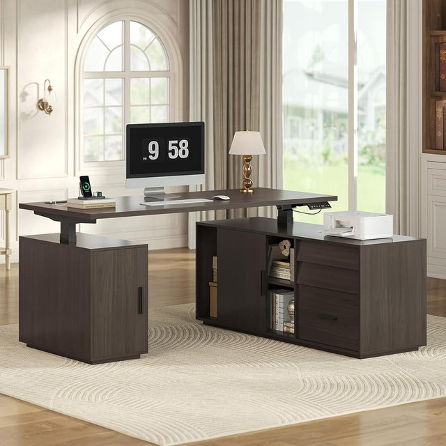 L Shaped Electric Standing Desk with 3 Drawers and Power Outlet, 55.1" x 47.2" Height Adjustable Home Office Executive Desk with File Cabinet and Storage Shelves, Modern Large Business Computer Table