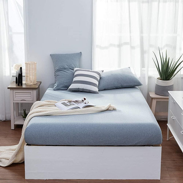 LIFETOWN Jersey Knit Cotton Fitted Sheet Queen with 2 Matching Pillowcases (No Flat Sheet), Extra Deep Pocket Fitted Bottom Sheet, Ultra Soft and Easy to Put (Queen, Bluish Gray)