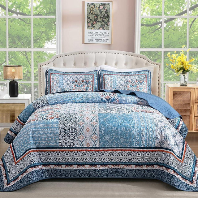 WONGS BEDDING Blue Quilt Set King Size,3 Pieces Boho Patchwork Bedspread Coverlet Set, Lightweight Bohemian Quilt Bedding Set for All Seasons (104"x90")