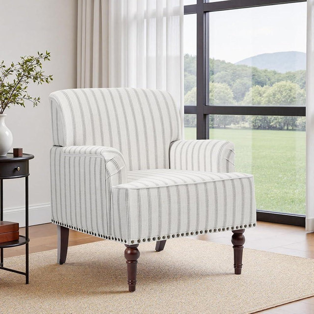 UIXE Stripe Accent Chair, Fabric Upholstered Armchair for Living Room, Nailhead Trim Club Arm Chair Comfy Single Sofa Bedroom Reading Seat with Wood Legs - Pinstripe Gray