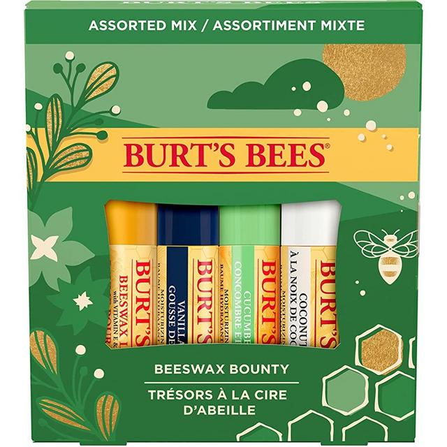 Burt's Bees Christmas Gifts, 4 Lip Balm Stocking Stuffers Products, Assorted Mix Set - Classic Beeswax, Vanilla, Cucumber Mint & Coconut and Pear