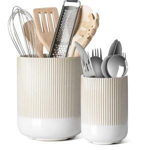LE TAUCI Utensil Holder, 7.3"+5.4" Ceramic Kitchen Utensil Holder for Countertop, Large Cooking Utensil Crocks Gift for Mom, Boho Farmhouse Kitchen Decor, Set of 2, Reactive Glaze Arctic White