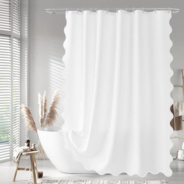 Seasonwood White Scalloped Fabric Shower Curtain 72 x 72 Inches, Aesthetic Shower Curtain Cute Pretty Shower Curtain