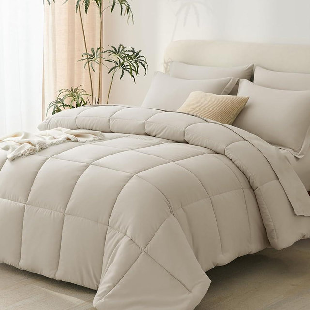 CozyLux Queen Comforter Set - 7 Pieces Bed in a Bag Queen Oatmeal, Complete Bedding Sets Bed Set for All Season with Comforter, Flat Sheets, Fitted Sheet, Pillowcases & Shams