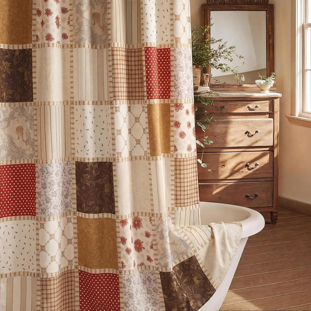 Tranqun Farmhouse Quilted Shower Curtain 72 x 72 Inch Country Patchwork Shower Curtain with Hooks Vintage Rustic Cottage Core Boho Waterproof Mid Century Plaid for Bathroom Decor