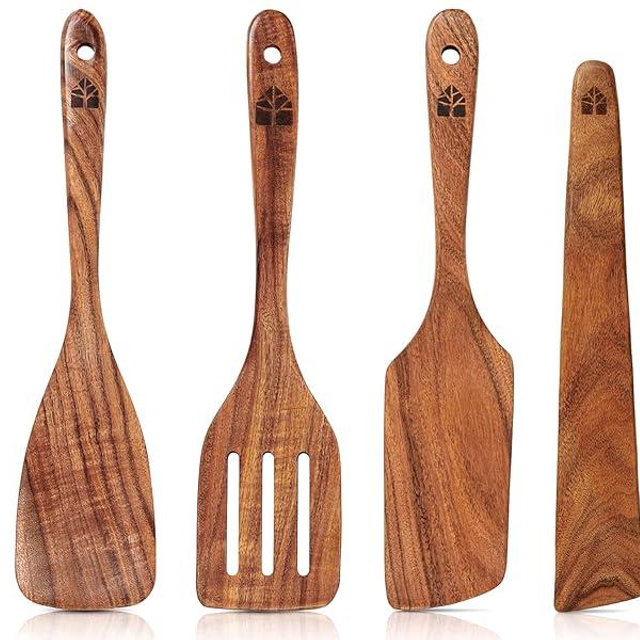 Wooden Spatula for Cooking – Natural Teak Wooden Utensils including Paddle, Turner Spatula, Slotted Spatula and Wood Scraper – Perfect for Flipping, Serving, Scraping & Turning