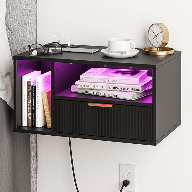 Veegle Black Floating Nightstand with Charging Station and LED Lights,Black