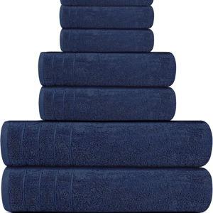Tens Towels Pack of 8 Towels Set, 2 Extra Large Bath, 2 Hand, 4 Washcloths, 100% Cotton, Lighter Weight, Quicker to Dry, Super Absorbent, Perfect for Bathroom, Navy