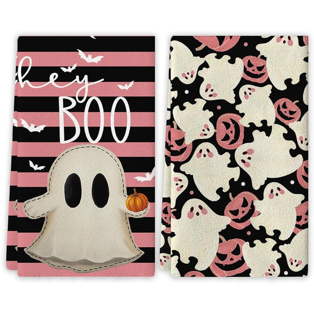 Yarcooly Halloween Kitchen Towels Pink Halloween Ghost Boo Dish Towels Skeleton Ghost Boo Decor Cute Halloween Decorations for Home Party, White
