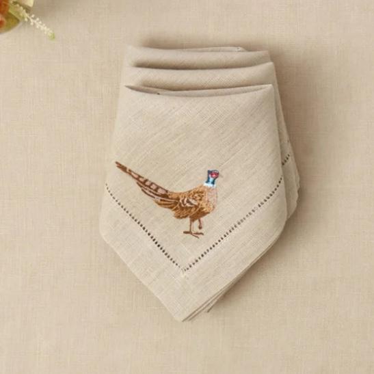 Pheasant Embroidered Linen Napkins (Set of 4)