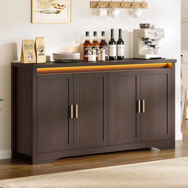 PIXOURA 60'' Sideboard Buffet Cabinet with Storage, Modern Coffee Bar Cabinet with Power Outlets, LED Light, 4 Doors & Adjustable Shelves, Buffet Table for Kitchen, Dining Room, Living Room, Walnut