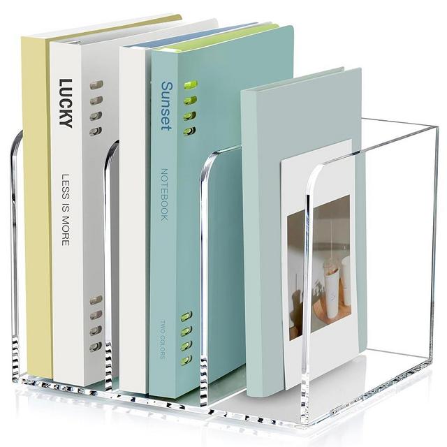 Acrylic Magazine Holder Desk Organizer Workspace Sorters，Clear Bookend File Sorter Holder，Folder Rack, Office Accessories Organization Storage with 3 Vertical Compartments