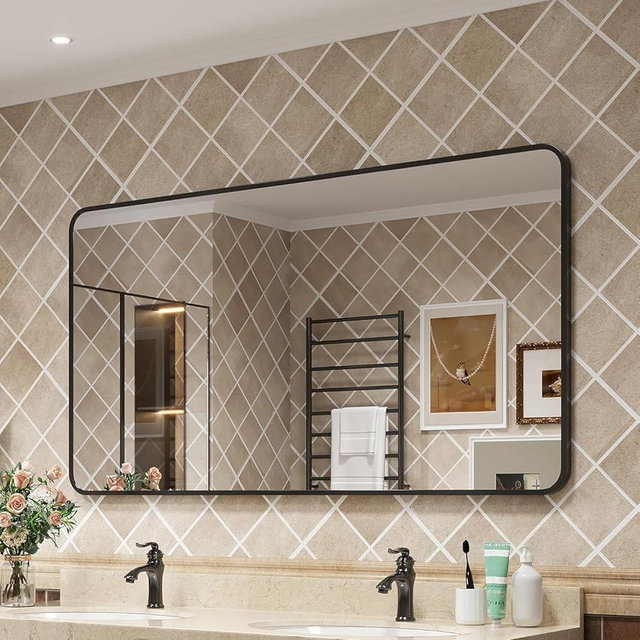 Wanzvisk Black Framed Mirrors for Bathroom,40 x 30 Inch Rounded Conner Rectangle Mirror for Wall, Matte Black Vanity Mirror with Tempered Glass,Anti-Rust,Hangs Horizontally or Vertically