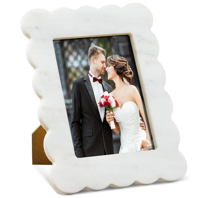 Yalikop Scalloped Marble Frame 10.2 x 8.2 Inches Marble Picture Frame Scalloped Picture Frame Tabletop Display White Scalloped Frame Home Picture Frames Scalloped Decor for Bookshelf Table