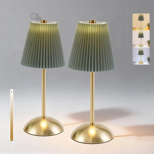 PetiitLyt 2-Pack Cordless Table Lamps LED, Small Wireless Battery Operated Lamp, 3 Color Temperature & Stepless Dimming, Rechargeable Touch Lamp for Nightstand, Dining Table, Entryway, RV (Moss Green)