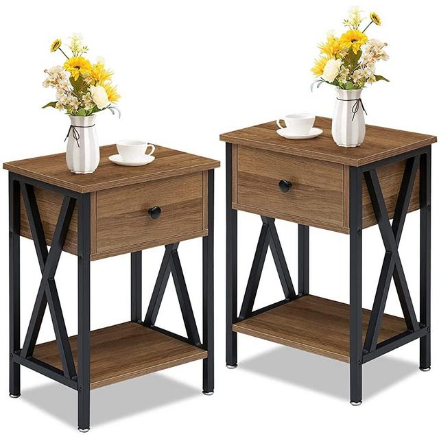 VECELO Vintage Nightstand, End Side Table with Drawer and Shelf, Home Decoration for Living Room Bedroom, X-Shape Legs and Water-Proof Surface, Hemp Gray, (Set of 2), Walnut Brown