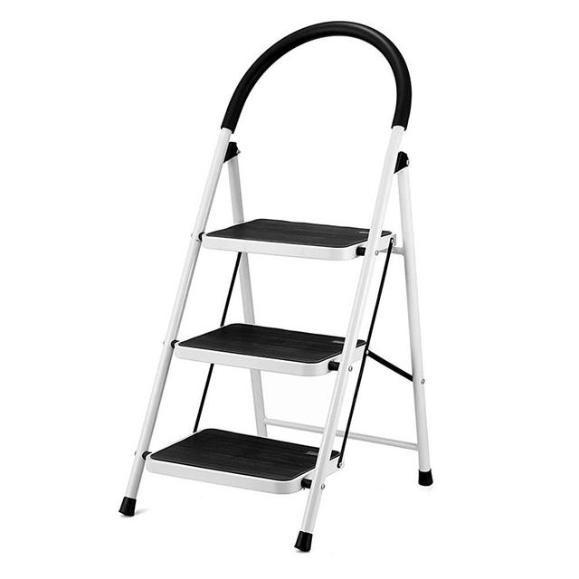 DINAZA 3 Step Ladder Folding Step Stool Ladder with Wide Anti-Slip Pedal Rubber Handle Feet Lightweight Portable Sturdy Steel Ladder