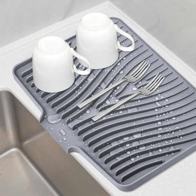 TIKNIK Silicone Dish Drying Mat, Stone Drying Mat for Kitchen Counter with Built-In Drain, Non-Slip Drain Pad with Built-in Drain, Heat Resistant Stone Drying Mat, 1Pcs 19.7" x 17", Grey