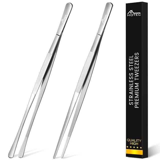 Hotec Kitchen Tweezers Stainless Steel Fine Kitchen Tongs for Cooking, Extra-Long Kitchen Tweezers Food Tongs, Set of 2-12inch